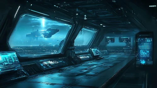 Sci-Fi Control Room with Panoramic City View