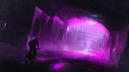 Lone Cyclist in Abstract Purple Tunnel