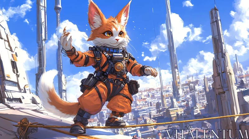 Astronaut Cat Balancing Above Futuristic City AI Image