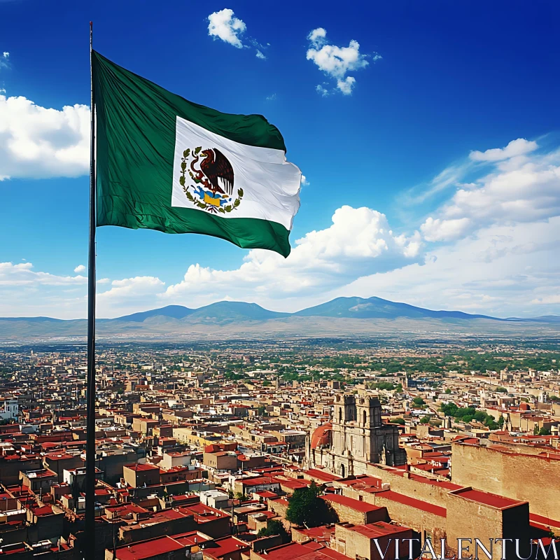 Vibrant Mexican Cityscape with National Flag AI Image