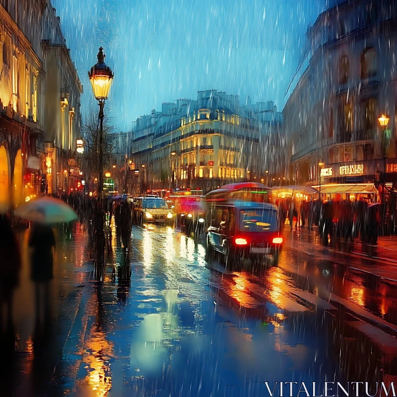 Urban Rainy Night with Illuminated Street AI Image