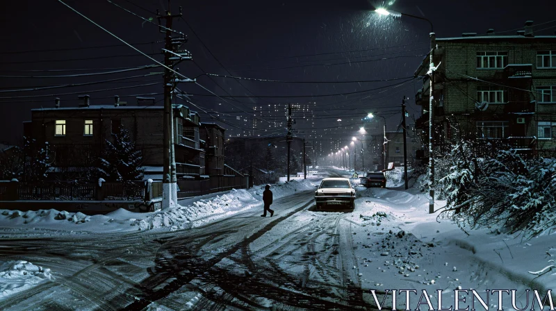 Nighttime Winter Street with Snow AI Image