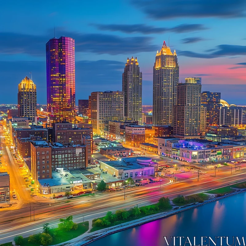 Glowing Urban Night skyline with Tall Buildings AI Image