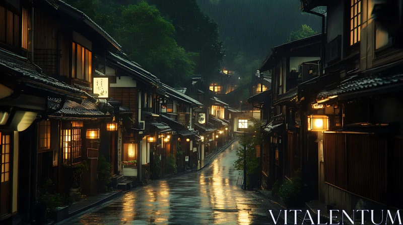 Tranquil Rainy Evening in a Traditional Japanese Village AI Image