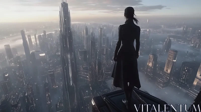 AI ART Person Overlooking Futuristic Skyscrapers in Early Morning Light