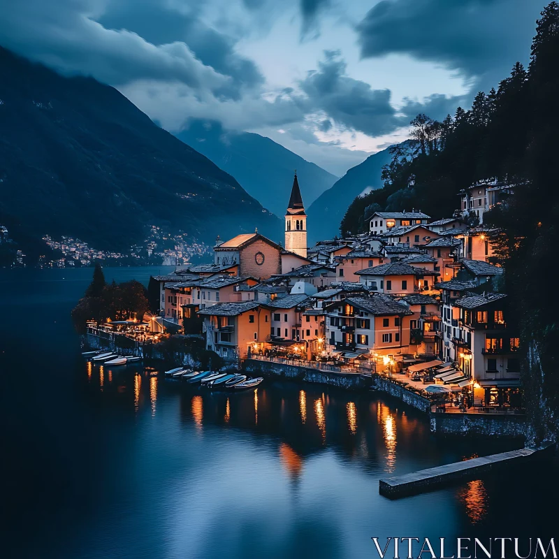 AI ART Charming Scenic Town by Water at Dusk