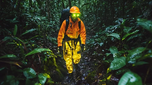 Explorer with Glowing Pants in Lush Forest