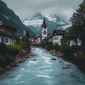 Mountain Village with River and Misty Mountains