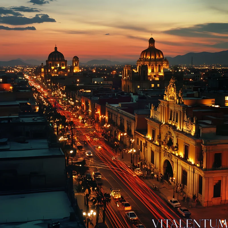 Twilight Urban Scene with Historic Architecture AI Image