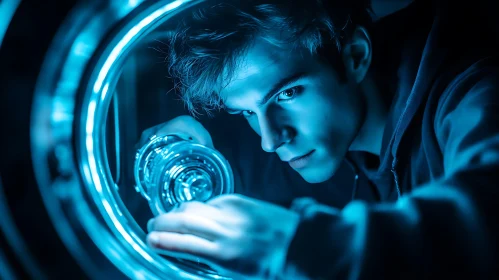 Cyberpunk Neon Portrait of Focused Young Man