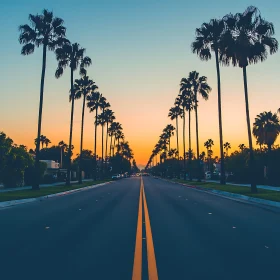 Dusk Falling Over Palm-Lined Road