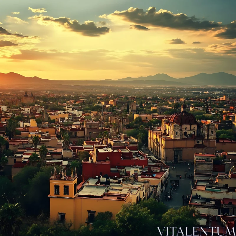 AI ART Cityscape at Sunset with Historical Dome and Mountain Background