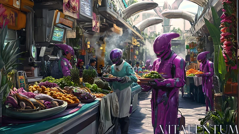 Cyberpunk Market Scene with Robots AI Image