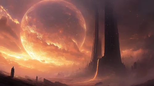 Futuristic Fantasy Scene with Massive Glowing Planet