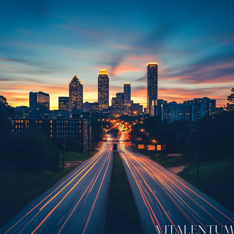 Twilight Urban Cityscape with Illuminated Roads AI Image