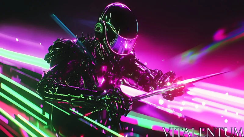 Neon-Lit Cyborg Wielding Blades AI Image