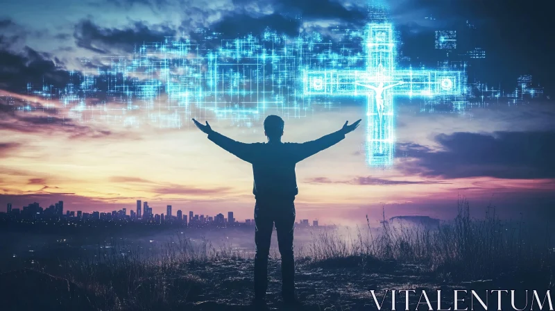 Person Reaching Towards Digital Cross at Dusk AI Image