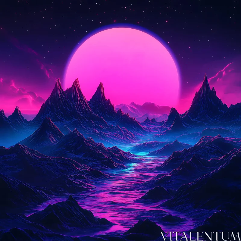 Cosmic Neon Mountain Scenery AI Image