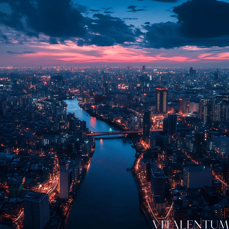 Dusk Over the City - Illuminated Skyline and River AI Image