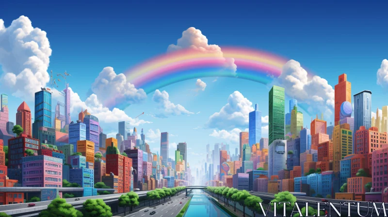 Colorful Cityscape with Rainbow and Skyscrapers AI Image