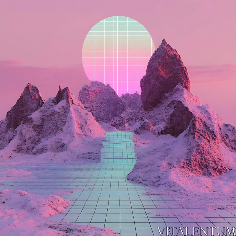 AI ART Futuristic Pink Mountain Scene with Geometric Sun