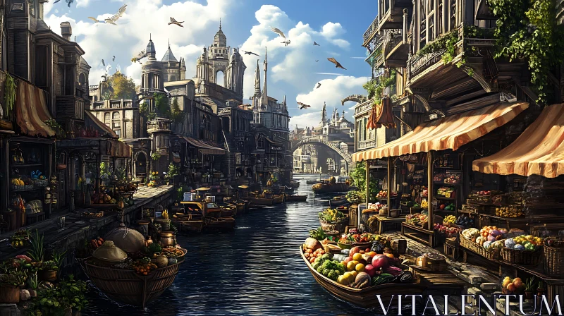 Charming Canal Market Scene AI Image