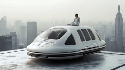 Person Sitting on a Hovercraft in a Futuristic City