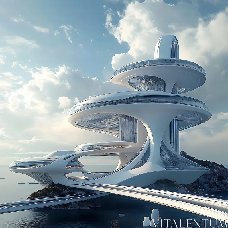 Modern Curved Building Over Water AI Image