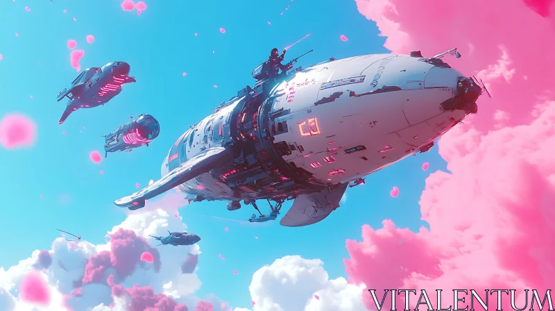 AI ART Sci-Fi Spaceships in Pink and Blue Sky