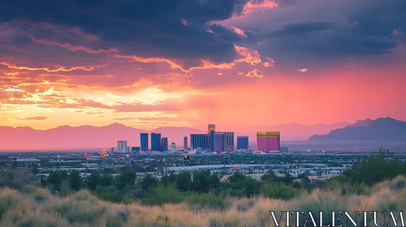 AI ART City Skyline at Sunset with Mountains