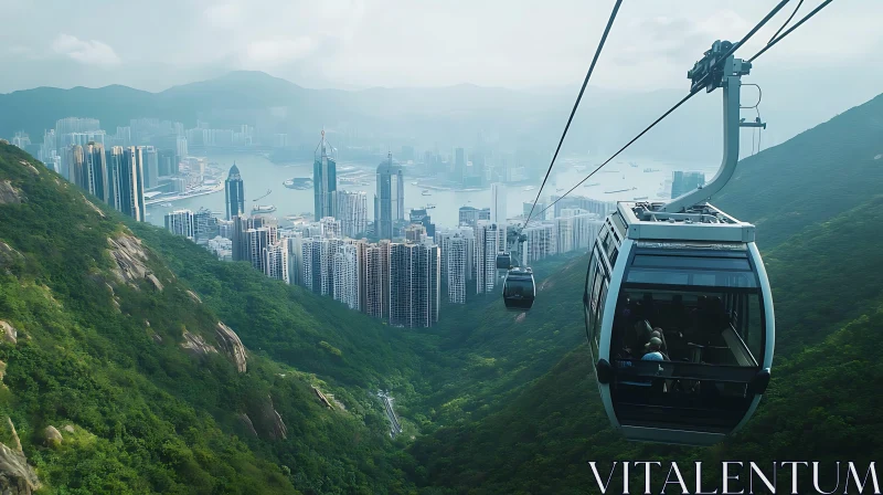 AI ART Urban Cityscape with Cable Cars over Green Mountains