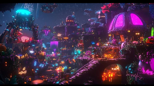 Fantasy Realm at Night with Vibrant Glowing Elements