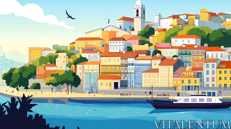 AI ART Vibrant Coastal Cityscape with Promenade and Boat