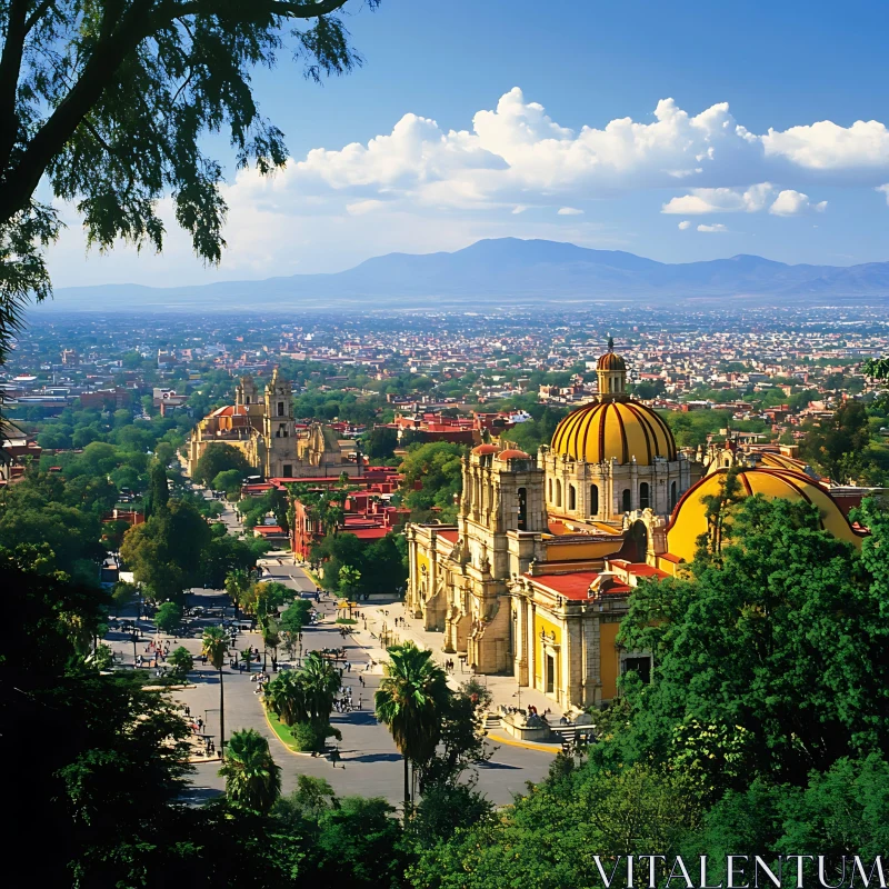 Scenic View of City with Cathedral and Mountains AI Image