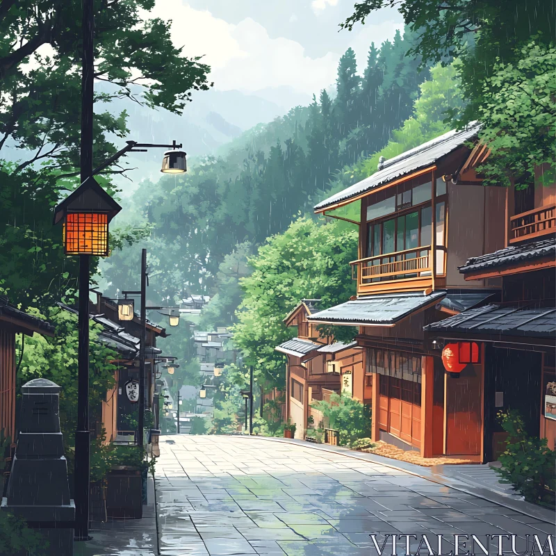 AI ART Peaceful Japanese Street with Lanterns and Wet Pavement