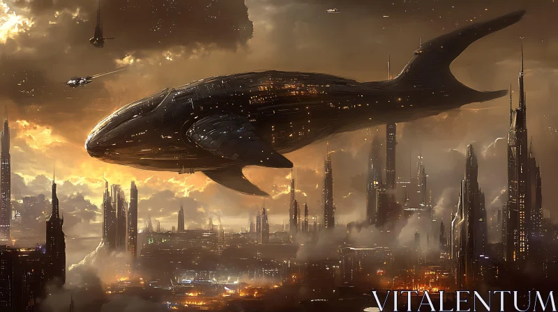 Giant Spaceship over Sci-Fi City AI Image