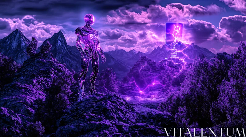 AI ART Cyborg Illuminated by Purple Light in Mountain Landscape