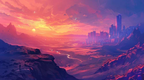 Twilight Over Desert and Futuristic Skyline