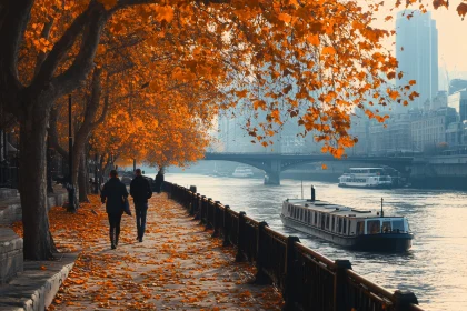 Golden Autumn Riverside Walkway with Boats and Cityscape