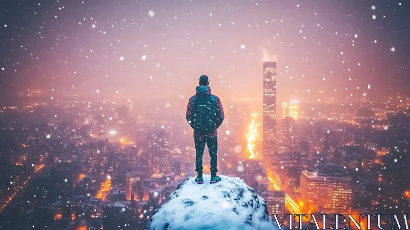 AI ART Alone on a Snowy Hill with City Lights Below