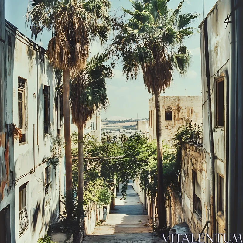 Urban Pathway amidst Palm Trees and Buildings AI Image