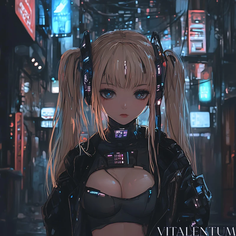 Cyberpunk Android in Neon Cityscape AI Image