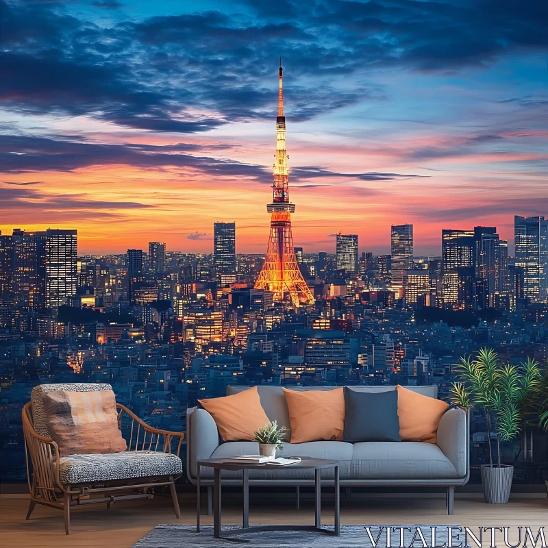 Sunset Cityscape with Illuminated Tokyo Tower AI Image