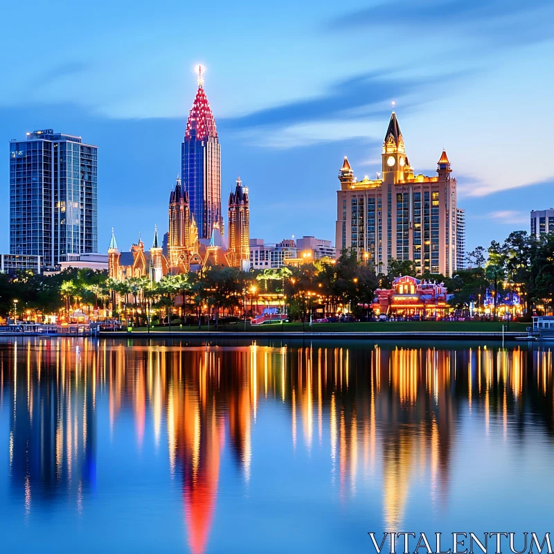 AI ART Glowing City Skyline at Night with Water Reflections