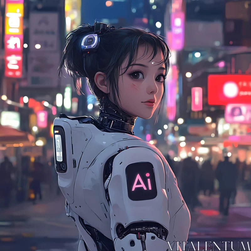 Female Cyborg in Futuristic City AI Image