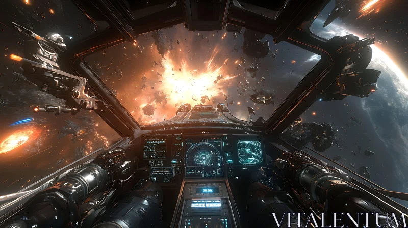 Futuristic Spacecraft Cockpit Amidst Space Battle AI Image