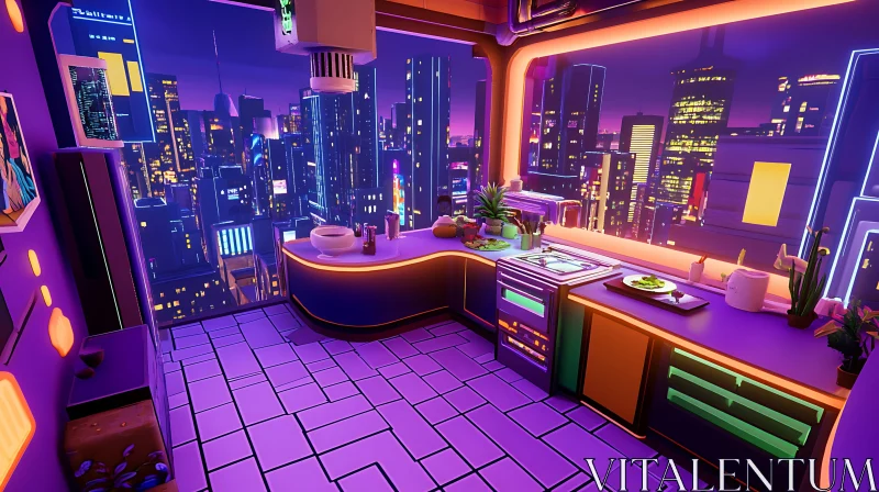 Modern Neon-Lit Kitchen with Cityscape View AI Image