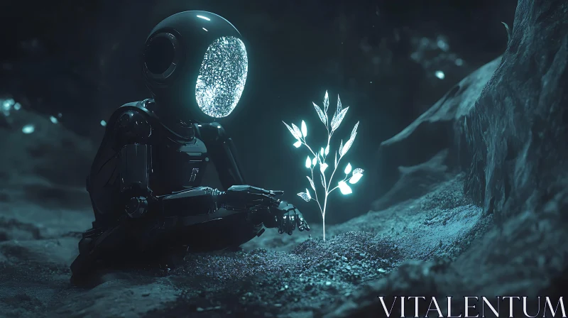 AI ART Luminescent Plant and Futuristic Robot in Dark Environment