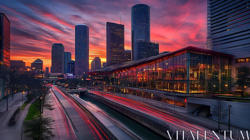 Urban Sunset Skyline with Skyscraper Reflections AI Image