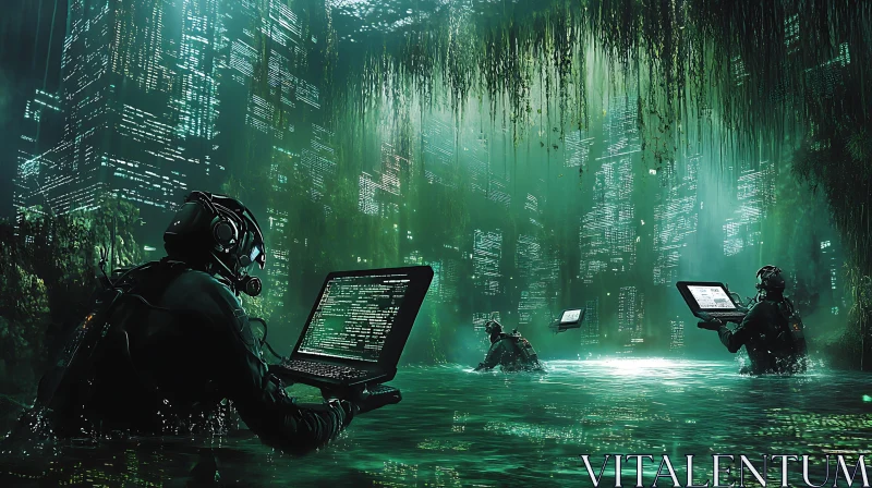 Submerged Futuristic Coders in Cyberpunk Setting AI Image